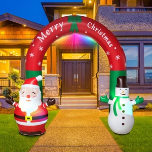 Inflatable Christmas arch with Santa and snowman featuring colorful LED lights on lawn