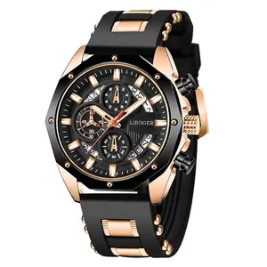 Herren-Chronograph mit schwarzem Silikonarmband und achteckigem Gehäuse in Roségold