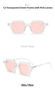 Detail view of geometric sunglasses featuring a clear green frame and pink tinted lenses