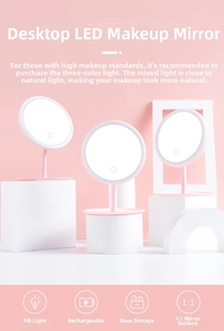 Detail showing pink desktop LED makeup mirror with three-color light and storage base