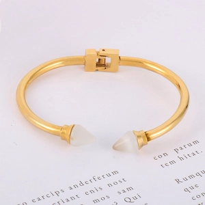 Detail view of gold stainless steel bangle featuring white conical turquoise and hinge lock