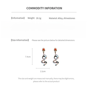 Size specifications for vintage snake earrings featuring alloy material and rhinestone details