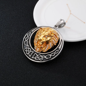 Hiphop gold lion head pendant with stones and silver celtic ring on a white plate