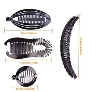 Size guide for four black banana hair clips showing dimensions in cm and inches