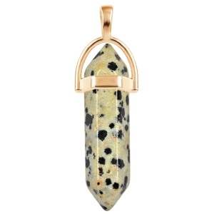 Close-up of hexagonal Dalmatian Jasper pendant with rose gold plated metal bail
