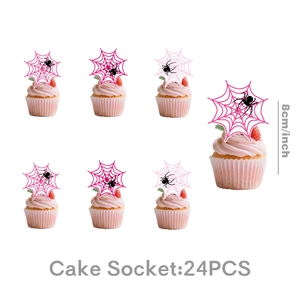Spider girl theme cake topper set with pink web and black spider design for party decoration