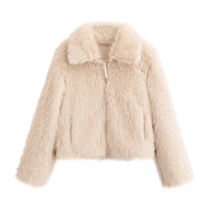 Faux Fur Jacket Women Short Solid Color Zipper Lapel Long Sleeve Polyester Plush Coat Warm Autumn Winter
