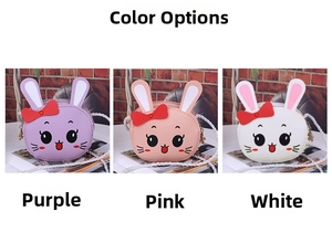 Detailed color display of cute bunny shoulder bags in purple, pink and white PU leather
