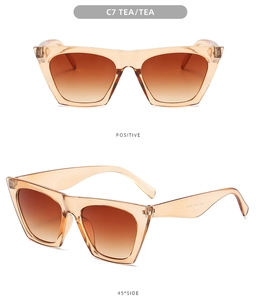 Detail view of tea gradient lenses and amber transparent square frame sunglasses