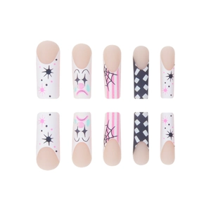 Halloween clown press on nails with pink stars, spider webs and checkerboard patterns
