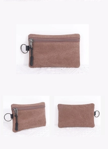 Detail view of brown canvas coin purse with zipper and metal D-ring hanging clip