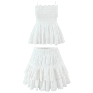 White two-piece set with embroidered lace camisole top and layered tiered skirt