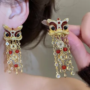 Boucles D'oreilles Gland Danse Du Lion Style Chinois Alliage Zircon Avec Tige De Boucle D'oreille En Argent 925