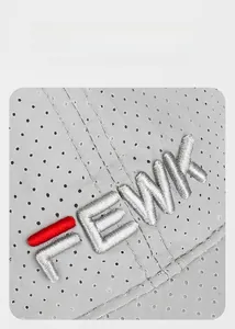 Detailed macro of grey breathable mesh fabric with premium FEWIK 3D letter embroidery