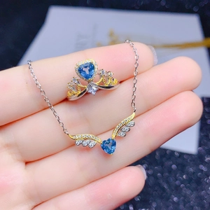 Vintage Engelsflügel Herz Halskette Ring Schmuckset Blau Strass Kupfer Vergoldet Versilbert Krone Design Elegant Damen Schmuck