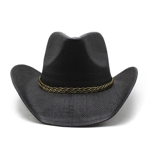 Classic black Western cowboy hat with gold woven band and curved brim on white background