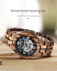 Macro detail of wooden mechanical watch with hollow skeleton dial and carving textures
