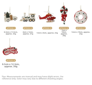 Detailed size chart for red and white painted wooden Christmas tree hanging ornaments