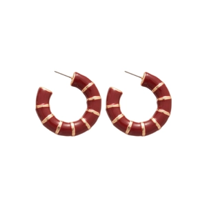 Vintage C-shaped hoop earrings in deep red enamel with elegant gold vertical stripes