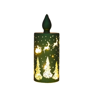 Christmas LED lantern in dark green with warm glowing Santa and reindeer cutout patterns