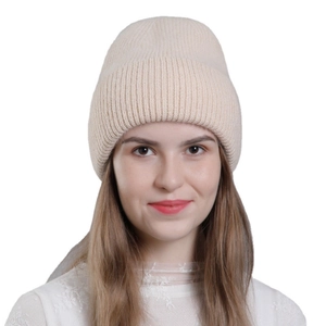 Women's chic beige knit rabbit fur beanie hat for winter warmth with cuff detail