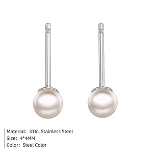 Minimalist 4mm round pearl earrings with 316L stainless steel studs in steel color