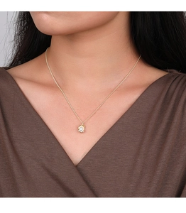 Close-up of minimalist gold S925 silver shell pearl necklace on a female model