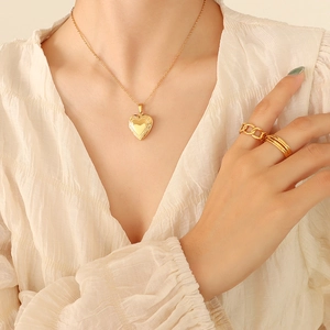 French vintage 18K gold plated heart locket necklace with minimalist stacking rings