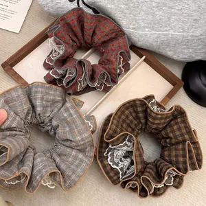Vintage red plaid oversized scrunchie set with delicate lace trim for women accessories