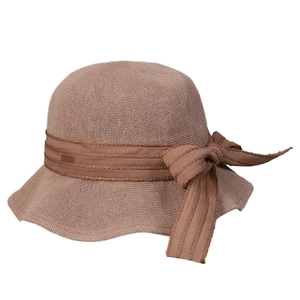 Lightweight breathable pink knitted sun hat with a large brim and sweet ribbon bow