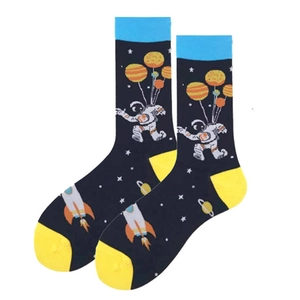 Navy astronaut themed cotton crew socks with space pattern and yellow toe accents