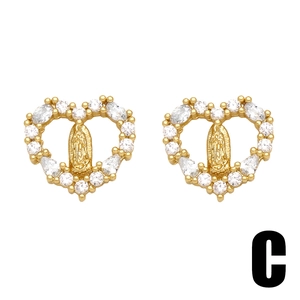 Golden heart-shaped stud earrings with Virgin Mary relief and white zircon stones