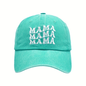 Detailed embroidery of MAMA lettering on vintage washed cotton mint green baseball cap