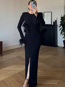 Sexy Damen Schwarzes Langarm Maxikleid Federbündchen Taille Aussparung Hoher Schlitz Rundhals Abendgesellschaft Elegant