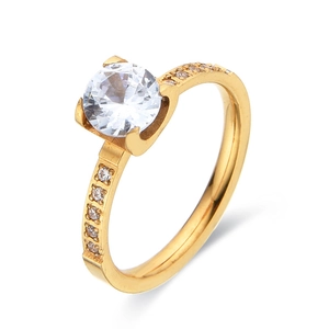Elegant 6mm gold plated stainless steel ring with central zircon stone on white background