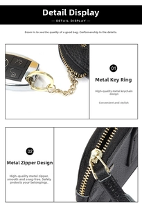 Detail of premium black litchi leather texture with golden zipper and sturdy metal keychain