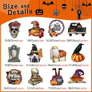 Size specifications for 12 unique Halloween gnome and skull magnetic decorative decals