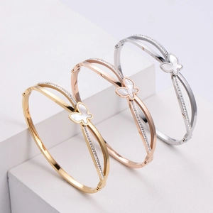 Butterfly Bangle Bracelet 316 Stainless Steel Shell Zirconia Rhinestone Hinged Snap Closure Korean Fashion Elegant For Women