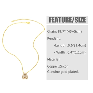 Detailed size chart of gold plated letter A necklace with zircon pendant dimensions