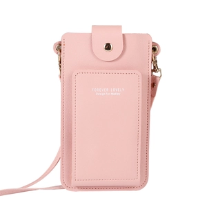 Minimalist soft pink PU leather crossbody phone bag with gold metal hooks and snap closure