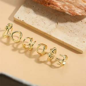 6-piece 14K gold plated adjustable ring set with geometric and textured minimalist designs
