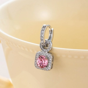 Elegant silver earrings with square pink gemstone and sparkling zircon micro-pave