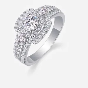 Luxury 925 Sterling Silver Moissanite Ring For Women Round Cut Halo Cubic Zirconia Engagement Wedding Band Anniversary Jewelry Gift