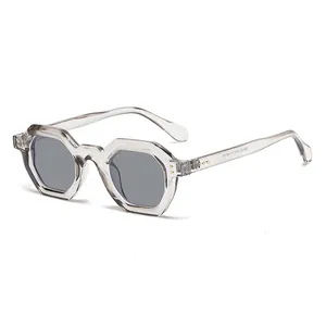 Modern polygon sunglasses with transparent grey frames and hexagonal geometric design