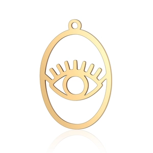 Macro shot of gold oval stainless steel pendant with eye motif and hollow design