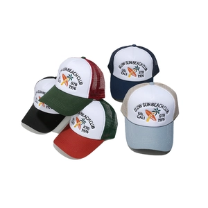 Mesh trucker caps with palm tree beach club embroidery in five assorted color schemes