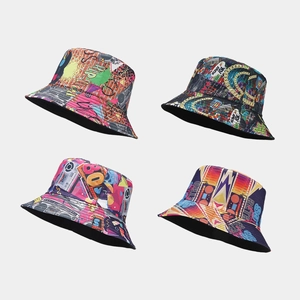 Bucket Hat Polyester Reversible Sun Protection Outdoor Retro 80s 90s Graffiti Hip Hop Vintage Pattern Unisex Trendy