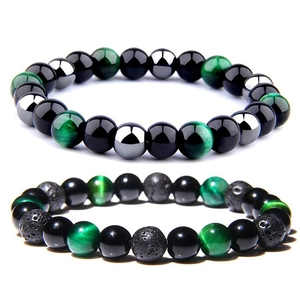 Detail of 8mm hematite, green tiger eye, and lava stone beads on stretch yoga bracelets