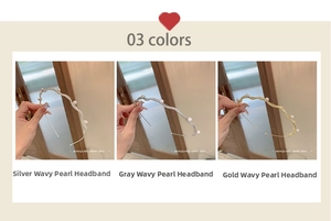Detailed close-up of wavy metal headbands featuring elegant pearl accents in three colors