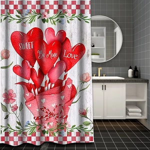 Polyester shower curtain detail featuring sweet heart bouquet on white wood background